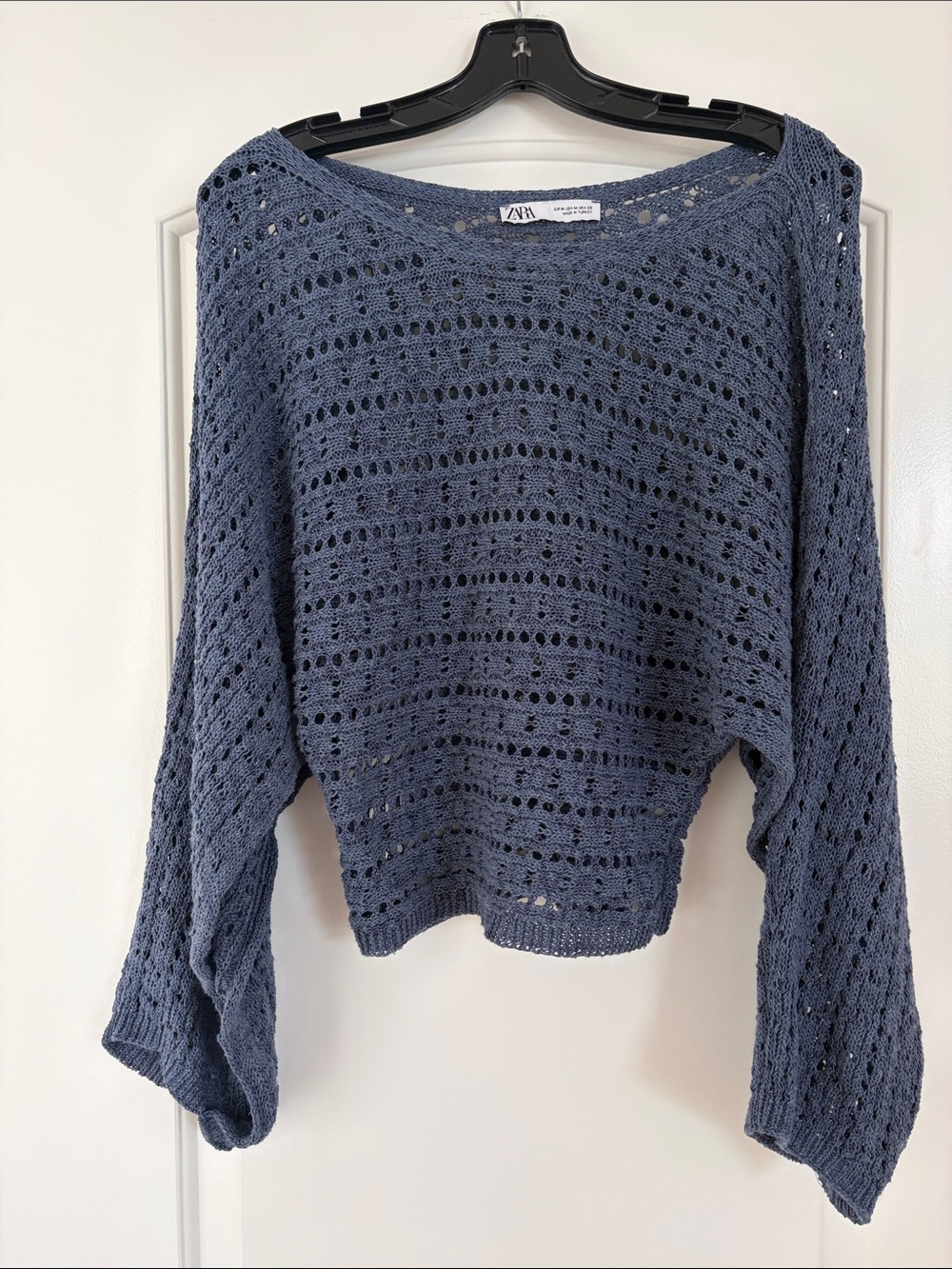 Zara Dusty Blue Crochet Openwork Scoop-Neck Sweater
